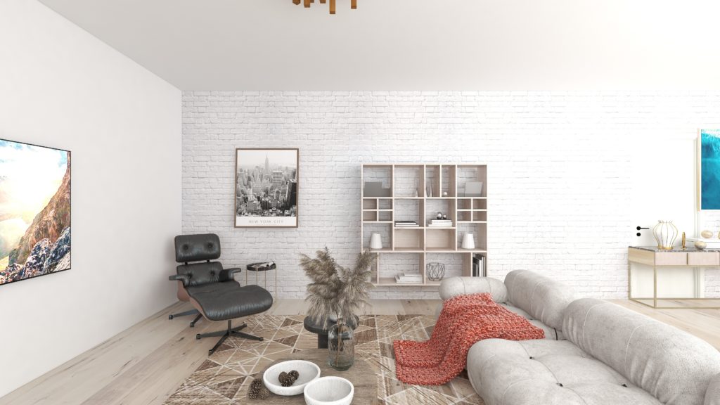 Living room loft NYC apartment sectional sofa Eames chair wall art bookcases coffee table rug brick wall