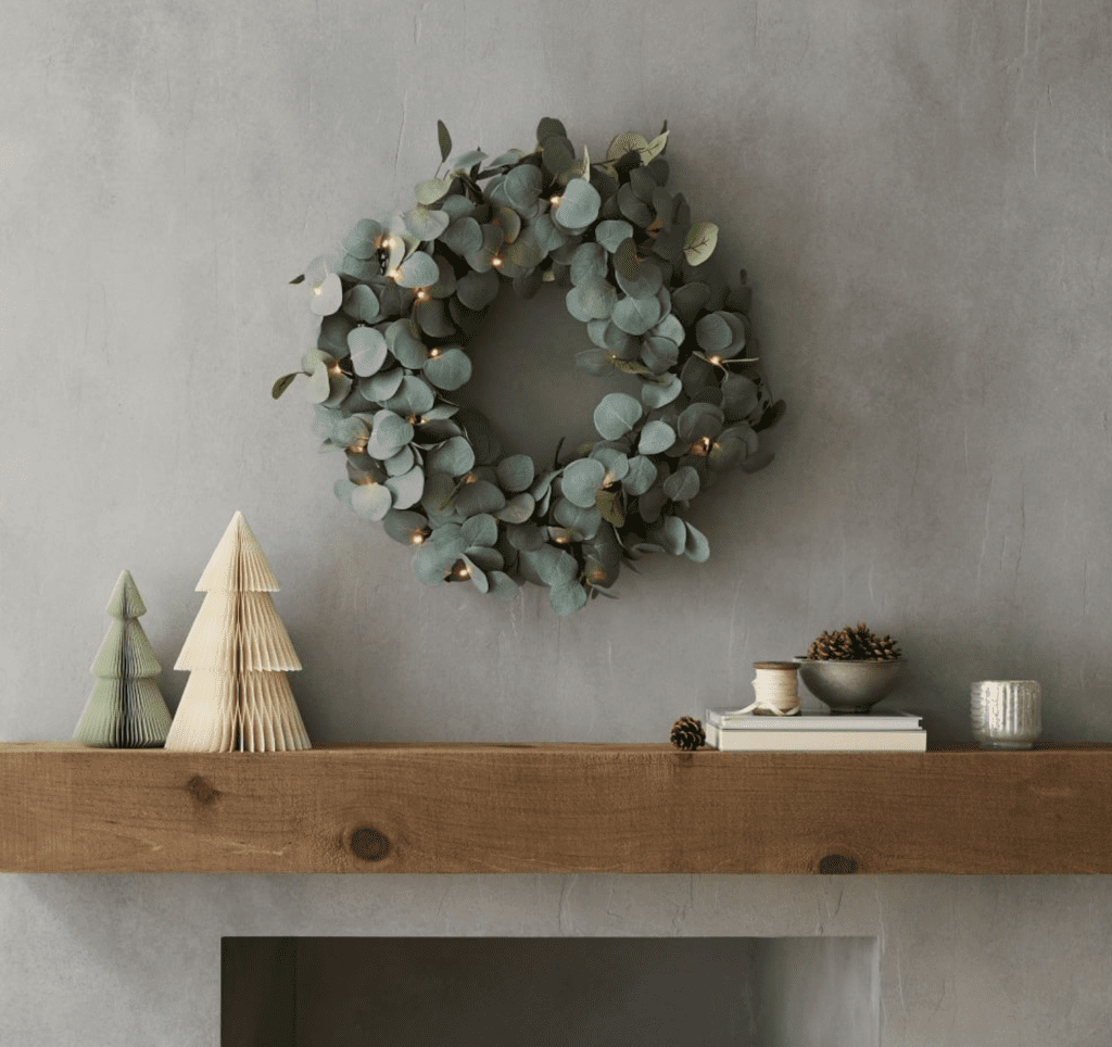 Faux Silver Dollar Eucalyptus Wreath - West Elm - 105$ Christmas affordable decorative accessories