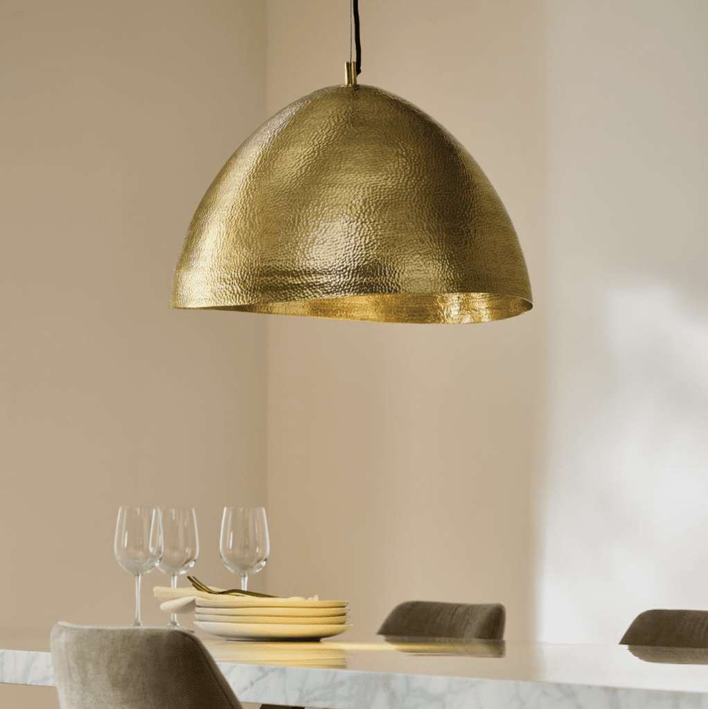 Hammered metal pendant - West Elm - 299$ pendant light chandelier gold styling dining table