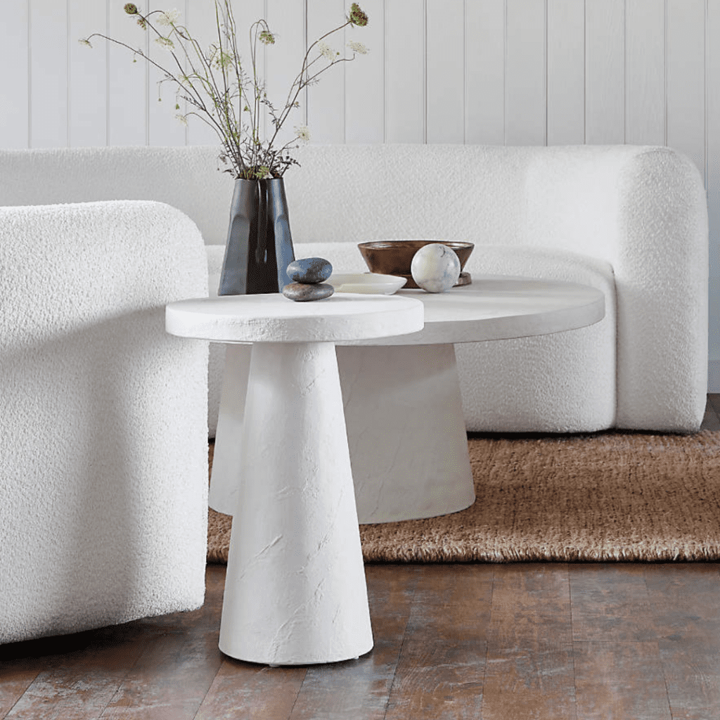 Willy White Plaster Round Pedestal Side Table by Leanne Ford crate & barrel brooklyn interior designer