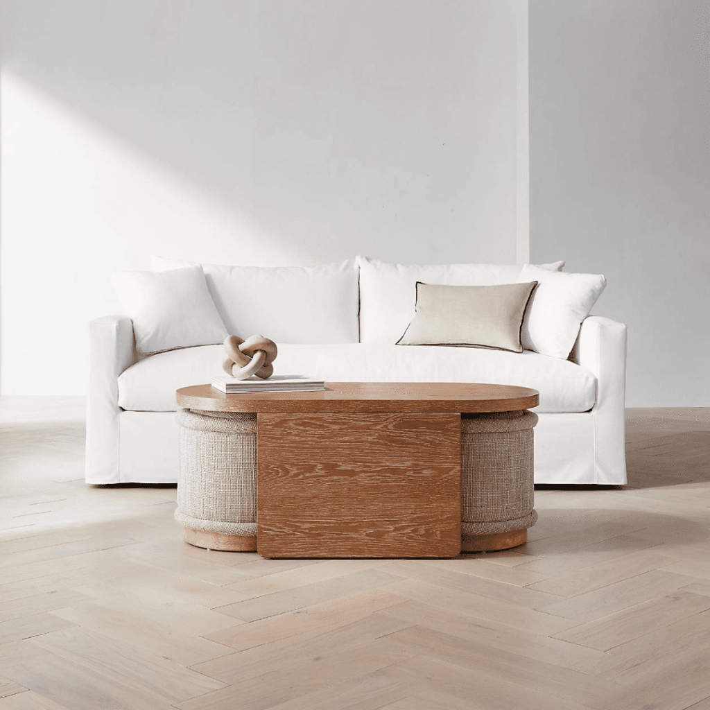 Union Oval Nesting Coffee Table with Stools crate and barrel brooklyn interior designer