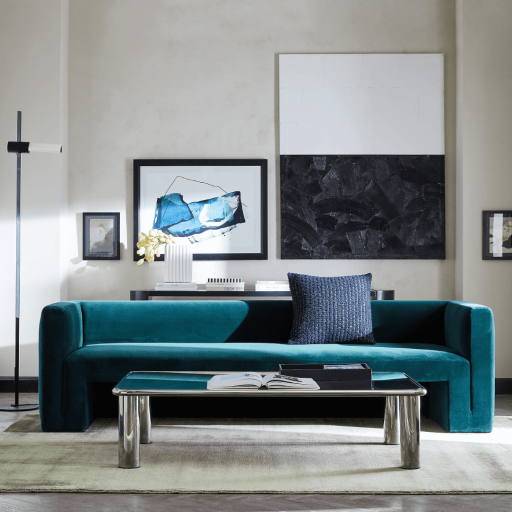 Matra Deep Teal Velvet Sofa cb2 brooklyn interior designer